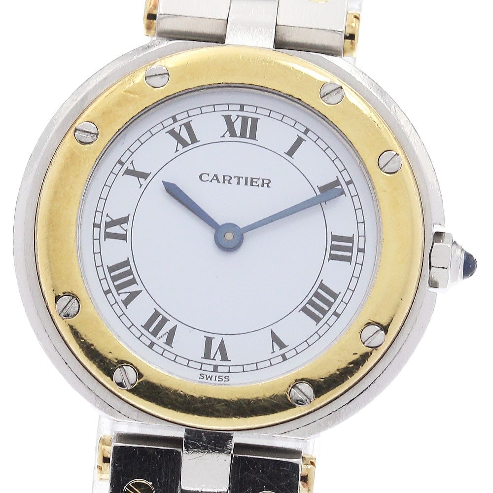 Cartier Ladies Quartz Wristwatch Santos Round SM White Dial SS YG: Cartier Ladies Quartz Wristwatch Santos Round SM White Dial SS YG This is a pre-owned Cartier Santos Round Small Model wristwatch designed for women. The watch features a stainless steel and yellow go