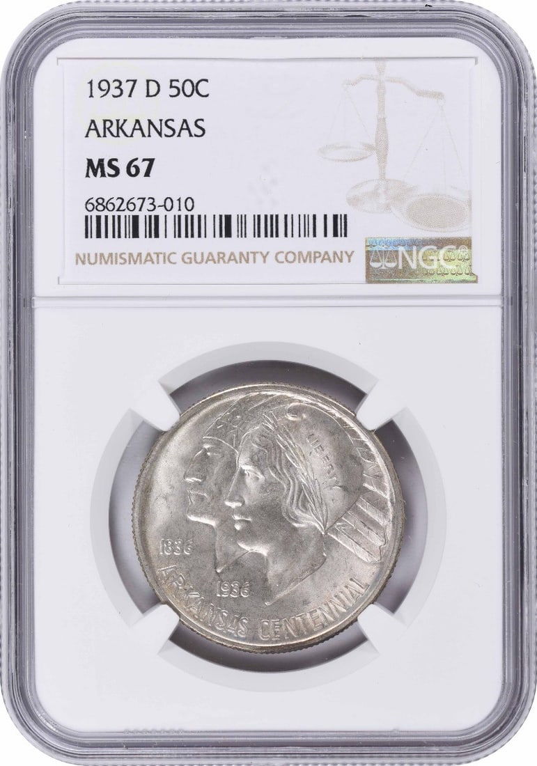 1937-D Arkansas commemorative half dollar NGC MS67: 1937-D Arkansas commemorative half dollar NGC MS67 This is a 1937-D Arkansas Commemorative Silver Half Dollar, graded MS67 by NGC. Struck at the Denver Mint, this uncirculated coin is composed of 90% 