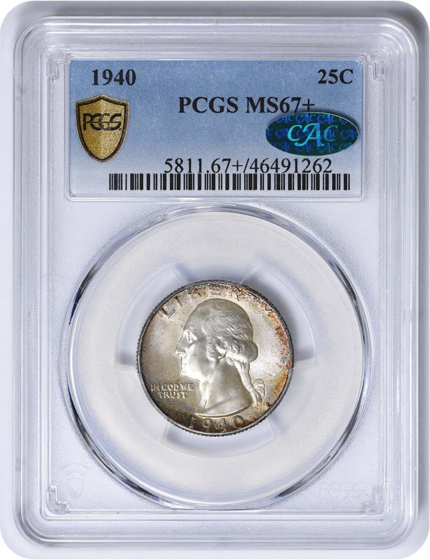 PCGS CAC 1940 Washington Quarter Silver MS67+: PCGS CAC 1940 Washington Quarter Silver MS67+ This is a 1940 Washington Silver Quarter, graded MS67+ by PCGS and designated with CAC approval. The coin is uncirculated and composed of silver, featurin