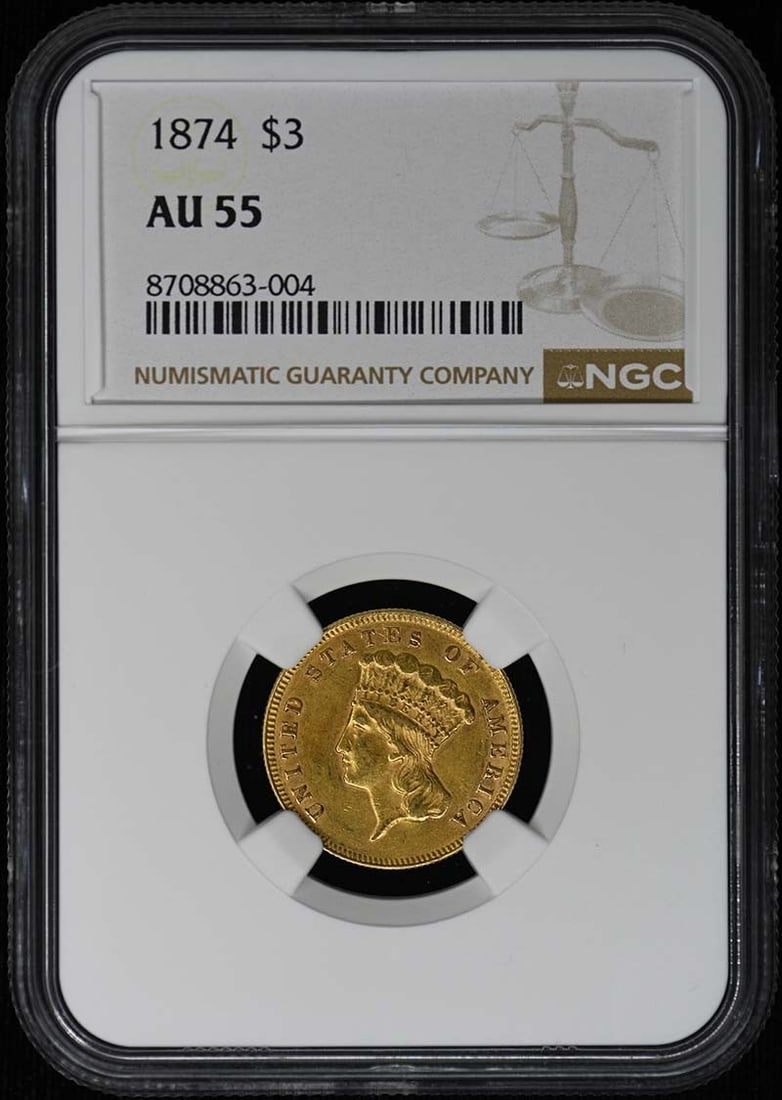 NGC AU55 1874 Philadelphia Three Dollar Gold Coin: NGC AU55 1874 Philadelphia Three Dollar Gold Coin This 1874 Three Dollar gold coin has been certified by NGC and graded AU55. Issued by the United States Mint in Philadelphia, this circulated coin is 