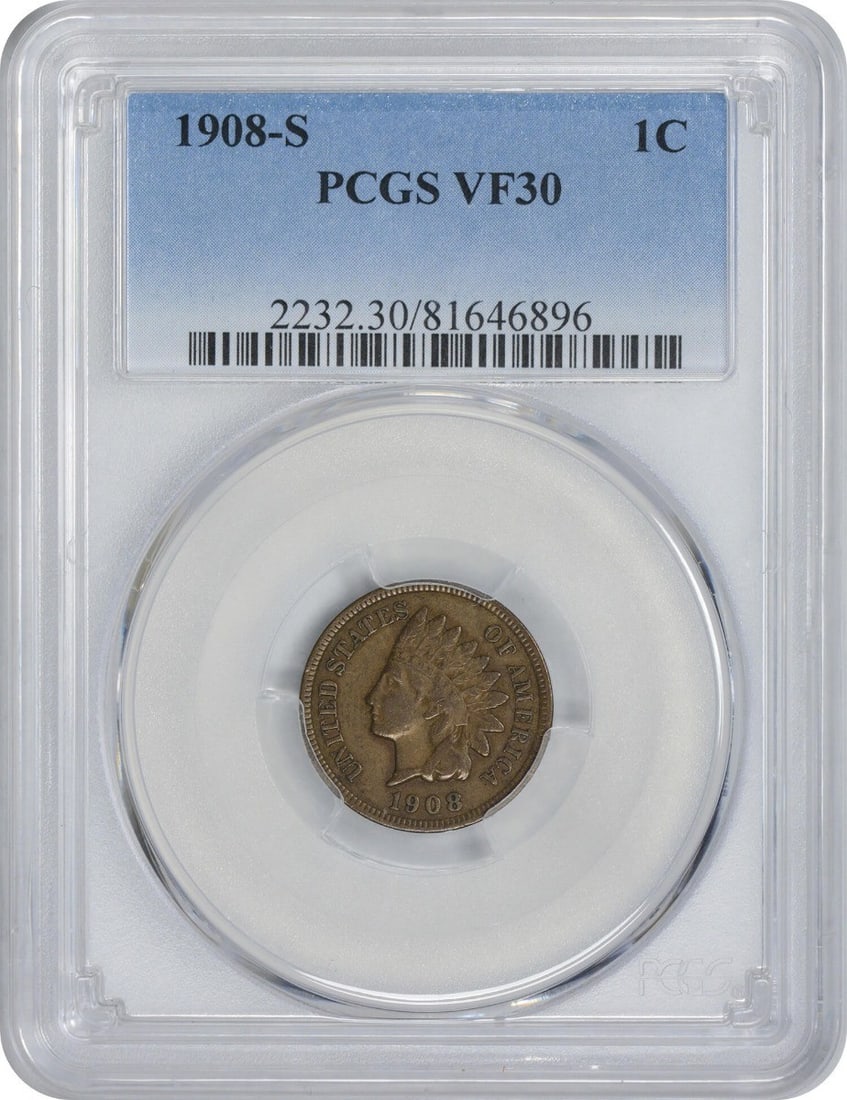 PCGS VF30 1908-S Indian Head Copper Cent: PCGS VF30 1908-S Indian Head Copper Cent This is a 1908-S Indian Head Cent graded VF30 by PCGS. Struck in copper, this circulated small cent originates from the United States and features the Indian H
