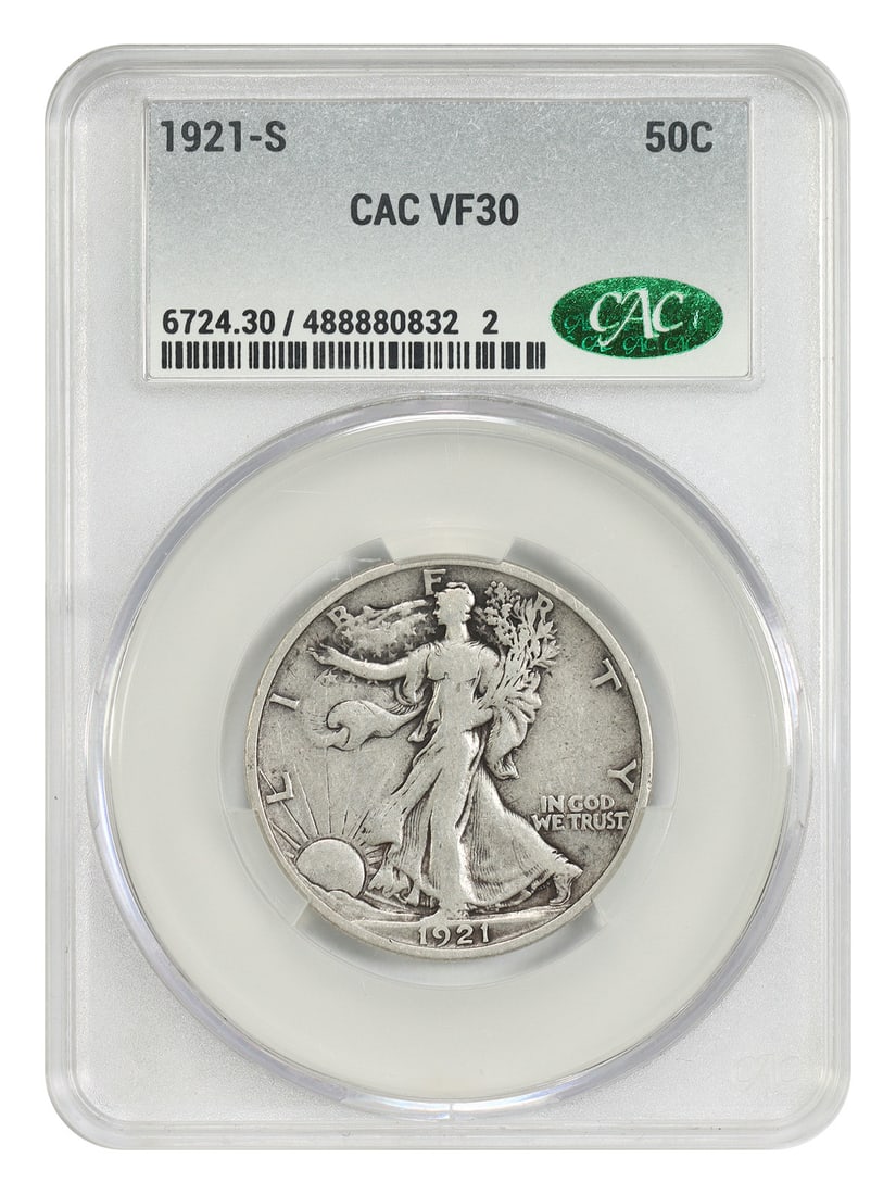Key Date 1921-S Walking Liberty Half Dollar CACG VF30: Key Date 1921-S Walking Liberty Half Dollar CACG VF30 1921-S Walking Liberty Half Dollar, certified by CACG and graded VF30. This circulated 50C coin from the San Francisco mint is identified as the k