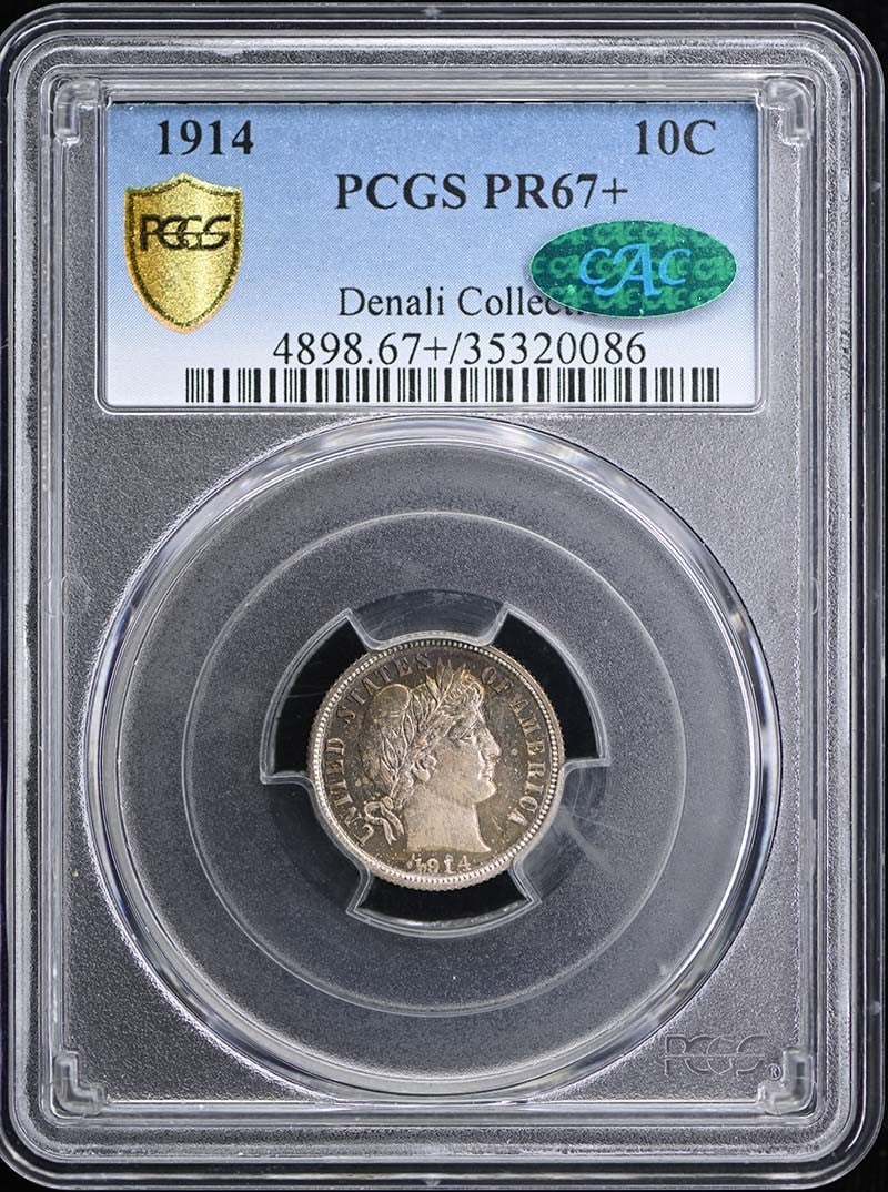 PCGS PR67+ 1914 Barber Dime CAC Proof: PCGS PR67+ 1914 Barber Dime CAC Proof This 1914 Barber Dime is a proof strike coin graded PR67+ by PCGS and features CAC approval, indicating exceptional quality for its grade. Minted in Philadelphia,