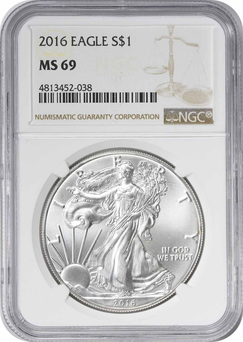 2016 NGC MS69 American Eagle Silver Dollar 1 oz Coin: 2016 NGC MS69 American Eagle Silver Dollar 1 oz Coin This 2016 American Silver Eagle $1 coin is certified by NGC with a grade of MS69. Struck by the U.S. Mint, it contains 1 troy ounce of .999 fine si
