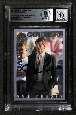 Autographed Dan Reeves 2000 Greats of the Game #99 Card Beckett 10: Autographed Dan Reeves 2000 Greats of the Game #99 Card Beckett 10 Autographed 2000 Greats of the Game #99 card signed in black permanent marker by Dan Reeves, who is identified as the Falcons, Giants