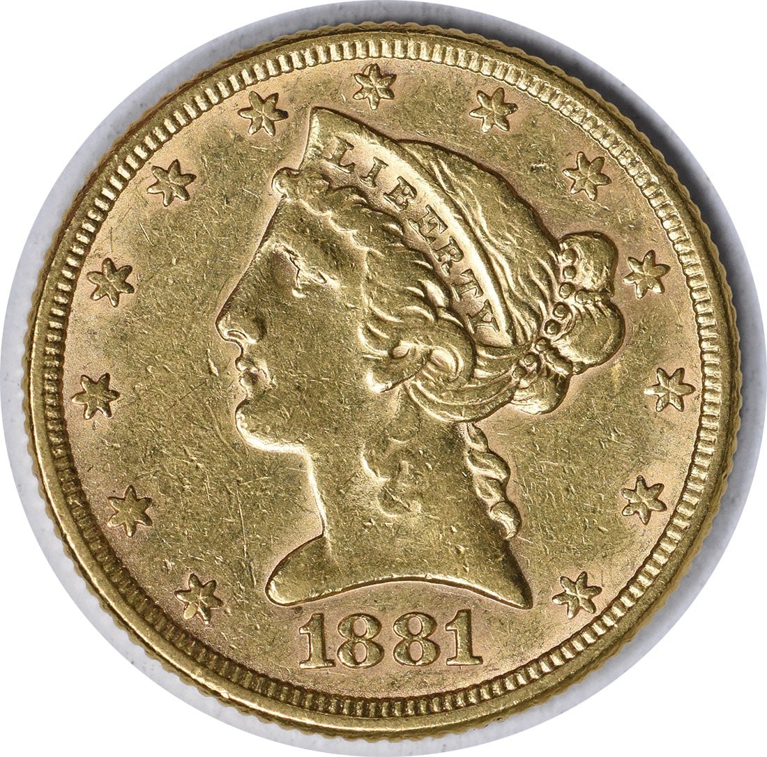 1881 $5 Gold Liberty Head Coin AU Christian Gobrecht: 1881 $5 Gold Liberty Head Coin AU Christian Gobrecht This 1881 $5 Gold Liberty Head coin is an exquisite example of American numismatics. Struck at the Philadelphia Mint, this coin features a stunning