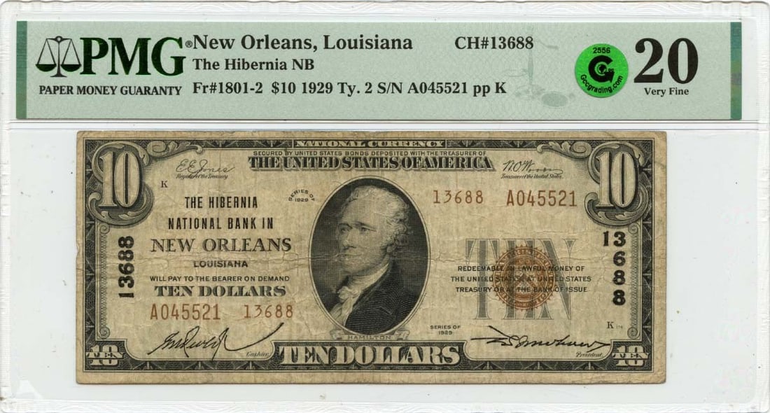 1929 $10 Hibernia Note New Orleans PMG VF20 CH#13688: 1929 $10 Hibernia Note New Orleans PMG VF20 CH#13688 This 1929 $10 Hibernia note from the National Bank of New Orleans, Louisiana, is a rare find for collectors. Certified by PMG with a grade of VF20,