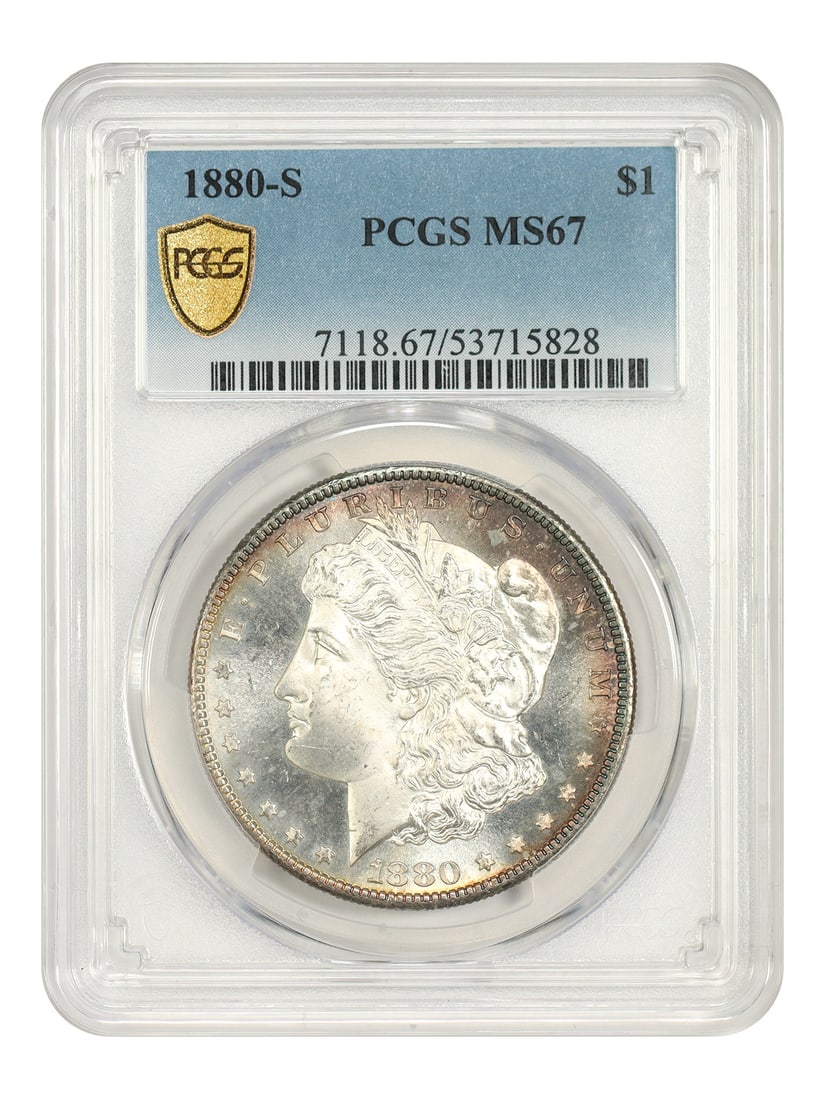 PCGS MS67 1880-S Morgan Silver Dollar $1 Coin: PCGS MS67 1880-S Morgan Silver Dollar $1 Coin An 1880-S Morgan Dollar graded PCGS MS67. This uncirculated $1 coin was minted in San Francisco and is presented in pre-owned condition. The certification