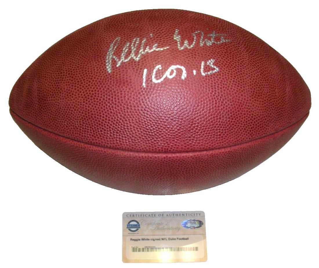 Official Duke NFL Football Autographed by Reggie White with Steiner COA: Official Duke NFL Football Autographed by Reggie White with Steiner COA This is an official licensed Duke football signed by Reggie White of the Green Bay Packers. The item is an original collectible 