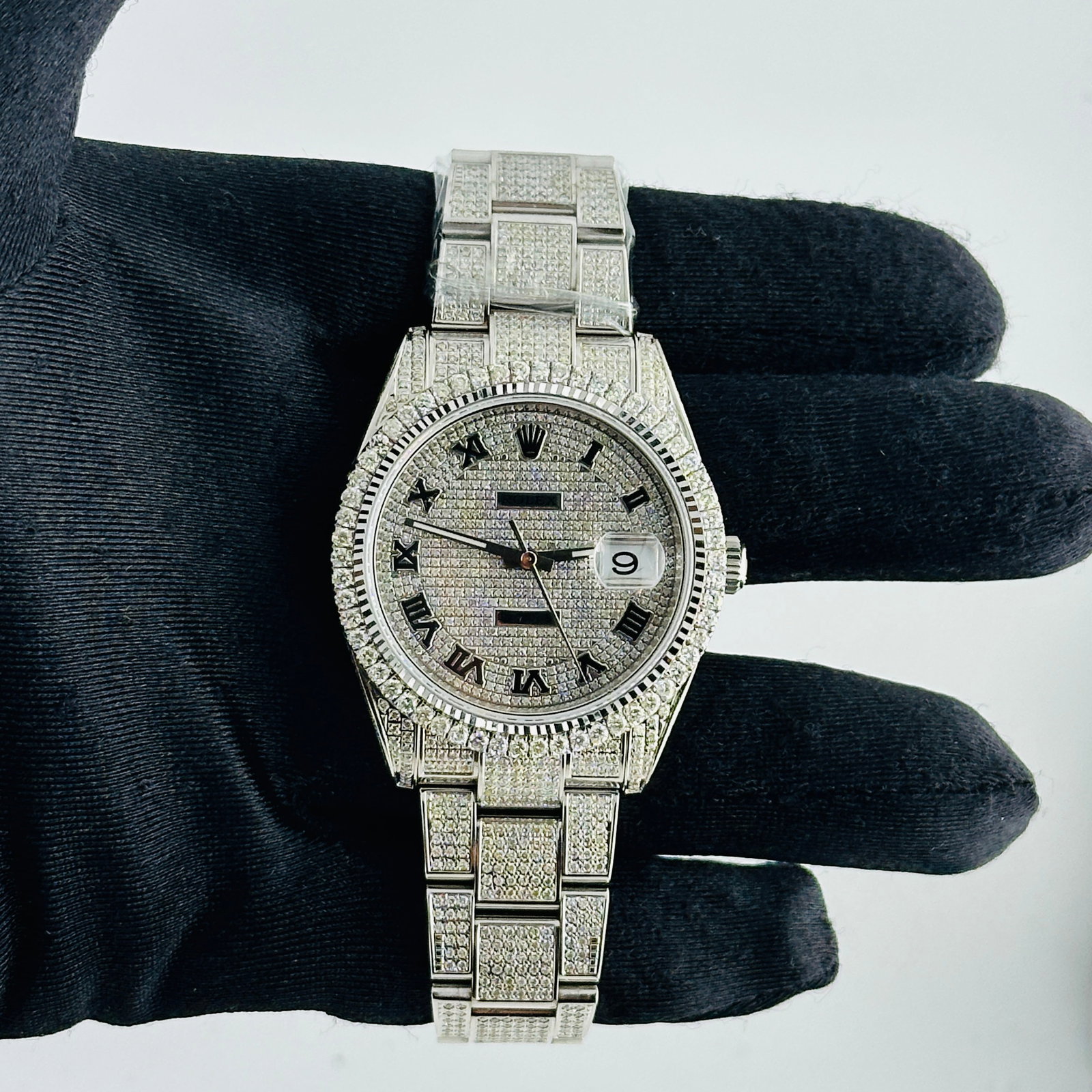 Rolex Diamond Roman Dial Datejust Ref 116334 with Diamond Oyster Bracelet: Rolex Diamond Roman Dial Datejust Ref 116334 with Diamond Oyster Bracelet Rolex Datejust watch featuring a diamond Roman numeral dial, prong-set diamond bezel with flutes, and a diamond Oyster bracele