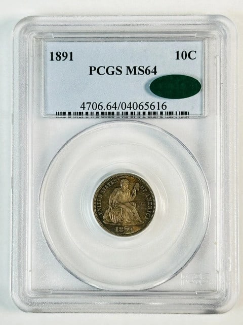 PCGS CAC MS64 1891 Philadelphia Silver Dime Liberty Seated: PCGS CAC MS64 1891 Philadelphia Silver Dime Liberty Seated This 1891 Liberty Seated Dime is certified by PCGS with a grade of MS 64 and features CAC approval. Struck in silver at the Philadelphia Mint