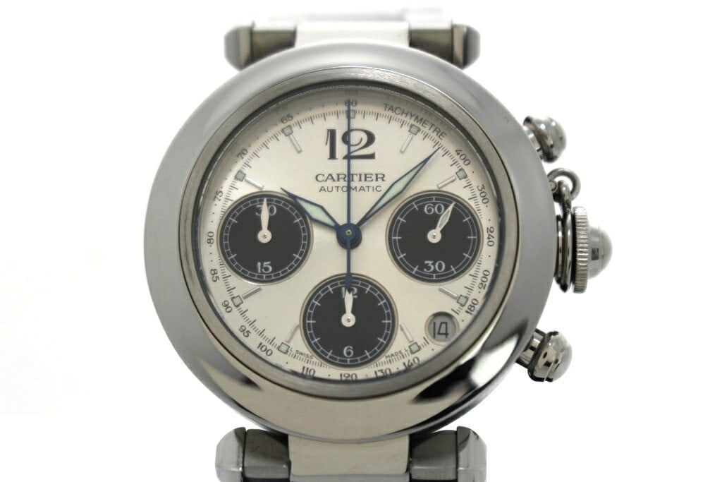 Cartier W31048M7 Pasha C Automatic Chronograph Steel Wristwatch: Cartier W31048M7 Pasha C Automatic Chronograph Steel Wristwatch Cartier Pasha C Chronograph automatic wristwatch in stainless steel with a silver finish. This pre-owned unisex watch is made in Switzer