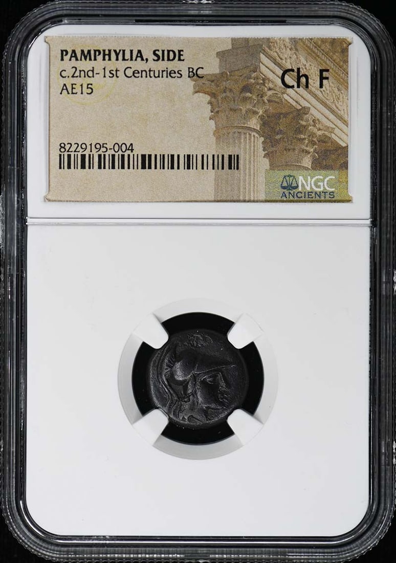 Pamphylia Side AE15 Ancient Greek Coin NGC Ch F: Pamphylia Side AE15 Ancient Greek Coin NGC Ch F This ancient coin from Pamphylia, Side dates to approximately the 2nd to 1st centuries BC. It has been professionally graded as Choice Fine (Ch F) by NG