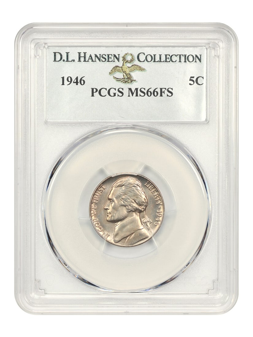 Jefferson Nickel 1946 5C PCGS MS66 FS ex D.L. Hansen: Jefferson Nickel 1946 5C PCGS MS66 FS ex D.L. Hansen 1946 Jefferson Nickel graded PCGS MS66 FS. This uncirculated 5-cent coin is from the Philadelphia mint and is encapsulated by PCGS. The coin is des