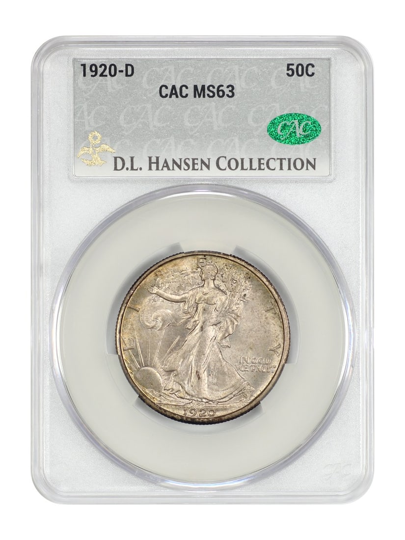 CACG MS63 1920-D Walking Liberty Half Dollar ex D.L. Hansen: CACG MS63 1920-D Walking Liberty Half Dollar ex D.L. Hansen This 1920-D Walking Liberty Half Dollar is certified by CACG and graded MS63. It is an uncirculated Denver issue with a pleasing original ap