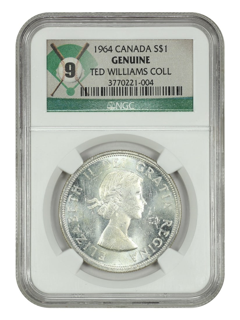 1964 Canada Silver Dollar $1 NGC Genuine ex Ted Williams Collection: 1964 Canada Silver Dollar $1 NGC Genuine ex Ted Williams Collection A Canadian 1964 $1 silver dollar once owned by baseball player and manager Theodore "Ted" Williams. The coin is described as a nice 