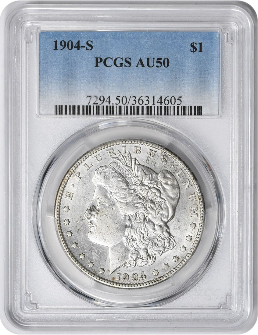 1904-S Morgan Silver Dollar AU50 Certified PCGS San Francisco Mint: 1904-S Morgan Silver Dollar AU50 Certified PCGS San Francisco Mint This 1904-S Morgan Silver Dollar is a stunning example of American coinage, certified by PCGS with a grade of AU50. The coin features