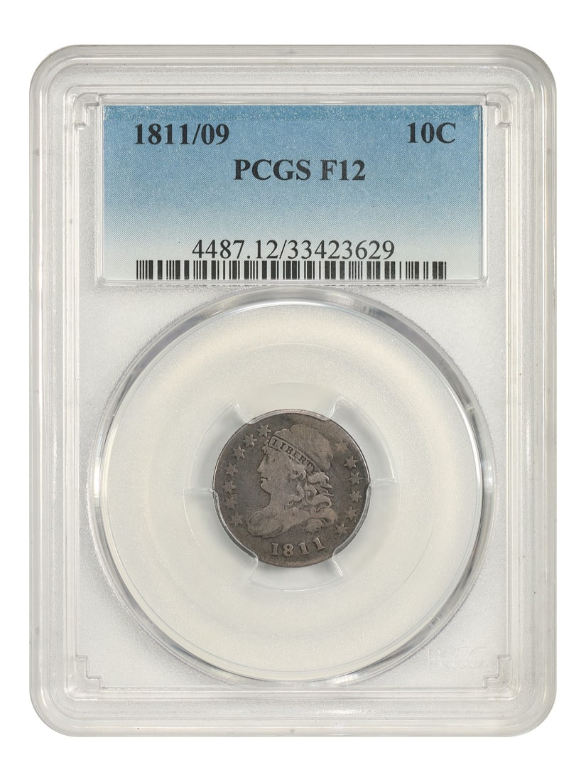 PCGS Fine 12 1811 10C Capped Bust Dime Overdate: PCGS Fine 12 1811 10C Capped Bust Dime Overdate An 1811/09 Capped Bust Dime graded Fine 12 by PCGS. This circulated Philadelphia issue is described as a popular and affordable mid-grade overdate, stru