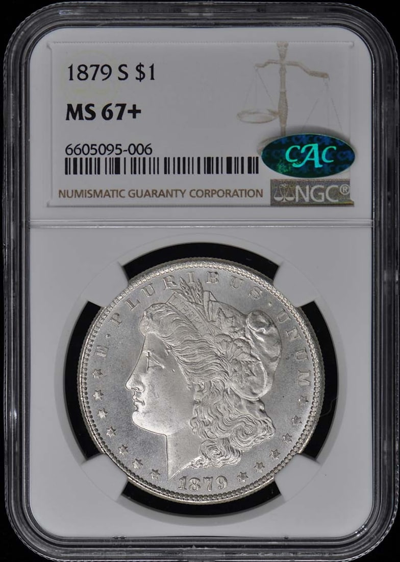 NGC MS67 Plus CAC 1879 San Francisco Morgan Silver Dollar: NGC MS67 Plus CAC 1879 San Francisco Morgan Silver Dollar This is an 1879-S Morgan Dollar graded MS67+ by NGC and verified with a CAC sticker. The coin is uncirculated and was minted in San Francisco.