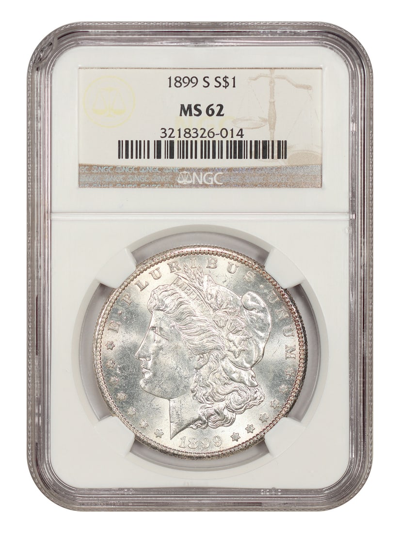 NGC MS62 1899-S Morgan Silver Dollar San Francisco Mint: NGC MS62 1899-S Morgan Silver Dollar San Francisco Mint 1899-S Morgan Dollar $1 certified by NGC and graded MS62. This uncirculated San Francisco Mint issue is noted as a tough S-mint coin that is dif