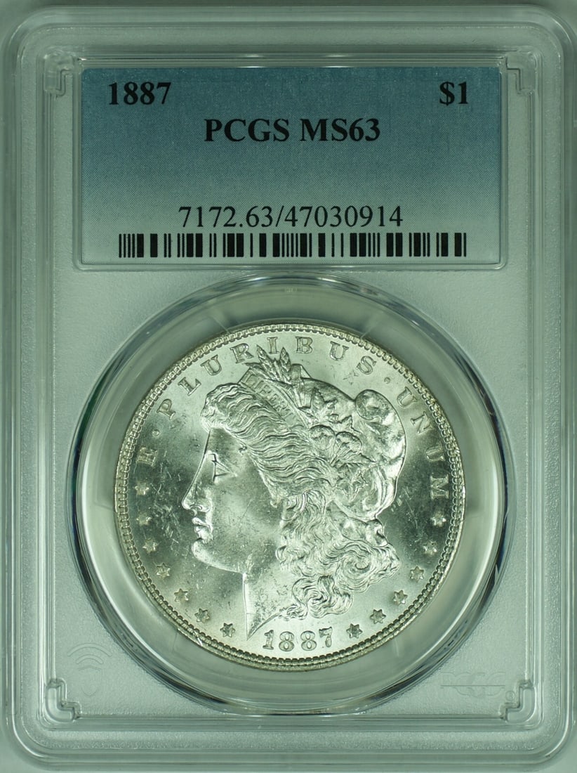 PCGS MS 63 1887 Morgan Silver Dollar Philadelphia Mint Certified: PCGS MS 63 1887 Morgan Silver Dollar Philadelphia Mint Certified This is an 1887 Morgan Silver Dollar coin certified by PCGS with a grade of MS-63. Struck in the United States at the Philadelphia Mint