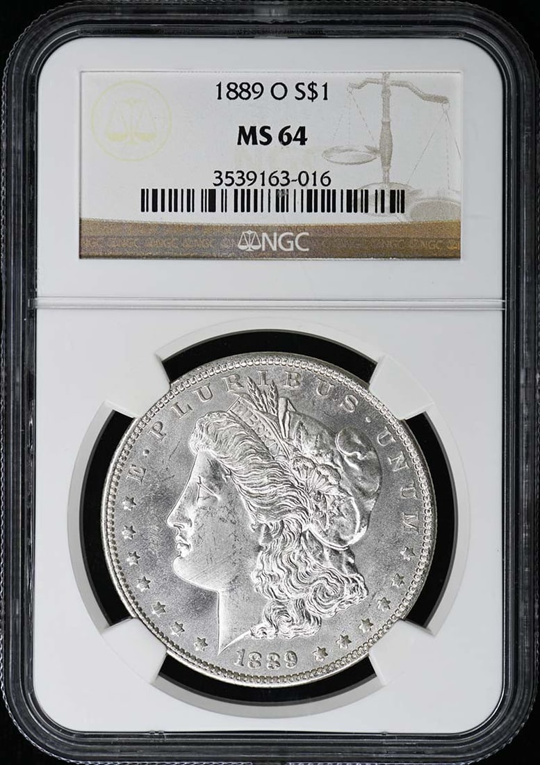 NGC MS64 1889 O Morgan Silver Dollar: NGC MS64 1889 O Morgan Silver Dollar This is an 1889 Morgan Dollar from the New Orleans Mint, graded MS64 by NGC. The coin is uncirculated and comes with NGC certification. It is a pre-owned collectib