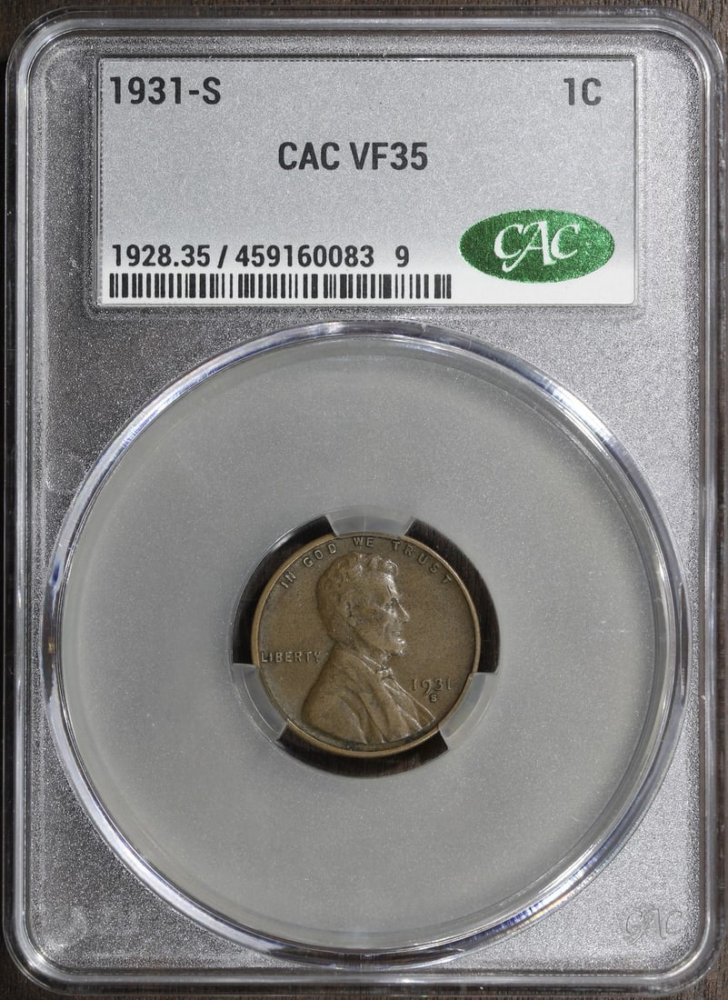 1931-S Lincoln Wheat Cent VF35 CAC Key Date: 1931-S Lincoln Wheat Cent VF35 CAC Key Date This is a 1931 Lincoln Wheat Cent, a key date coin minted in San Francisco. It is composed of copper with a fineness of 0.95. The coin is in pre-owned condi