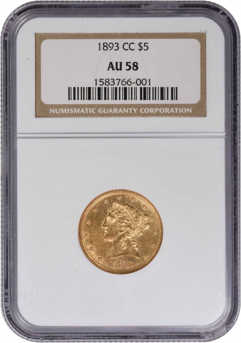 1893 Carson City Five Dollar Liberty Gold Coin AU58 Certified by NGC: 1893 Carson City Five Dollar Liberty Gold Coin AU58 Certified by NGC This 1893-CC $5 Gold Liberty Head coin was minted in Carson City and graded AU58 by NGC. Composed of 90% gold and 10% copper, it fe