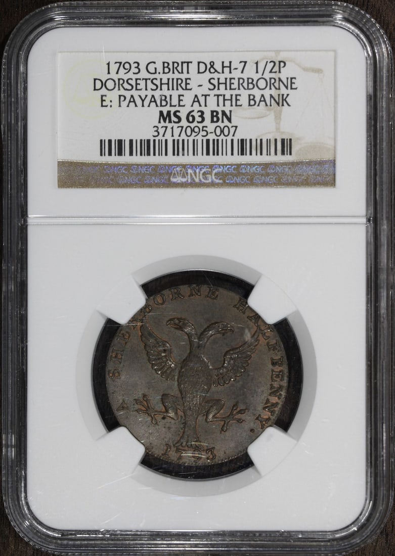 1793 NGC MS63 BN Dorsetshire Sherborne 1/2P Bank Token Copper: 1793 NGC MS63 BN Dorsetshire Sherborne 1/2P Bank Token Copper This 1793 Dorsetshire - Sherborne 1/2P Bank Token is a remarkable collectible from Great Britain, crafted from copper. It features a beaut