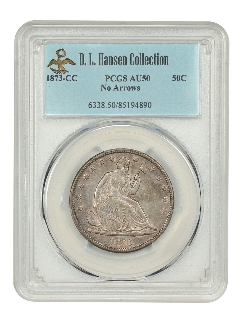 1873-CC Liberty Seated Half Dollar AU50 PCGS Certification D.L. Hansen: 1873-CC Liberty Seated Half Dollar AU50 PCGS Certification D.L. Hansen This 1873-CC 50C Liberty Seated Half Dollar, graded PCGS AU50 (No Arrows), is a remarkable example of its kind, hailing from the 