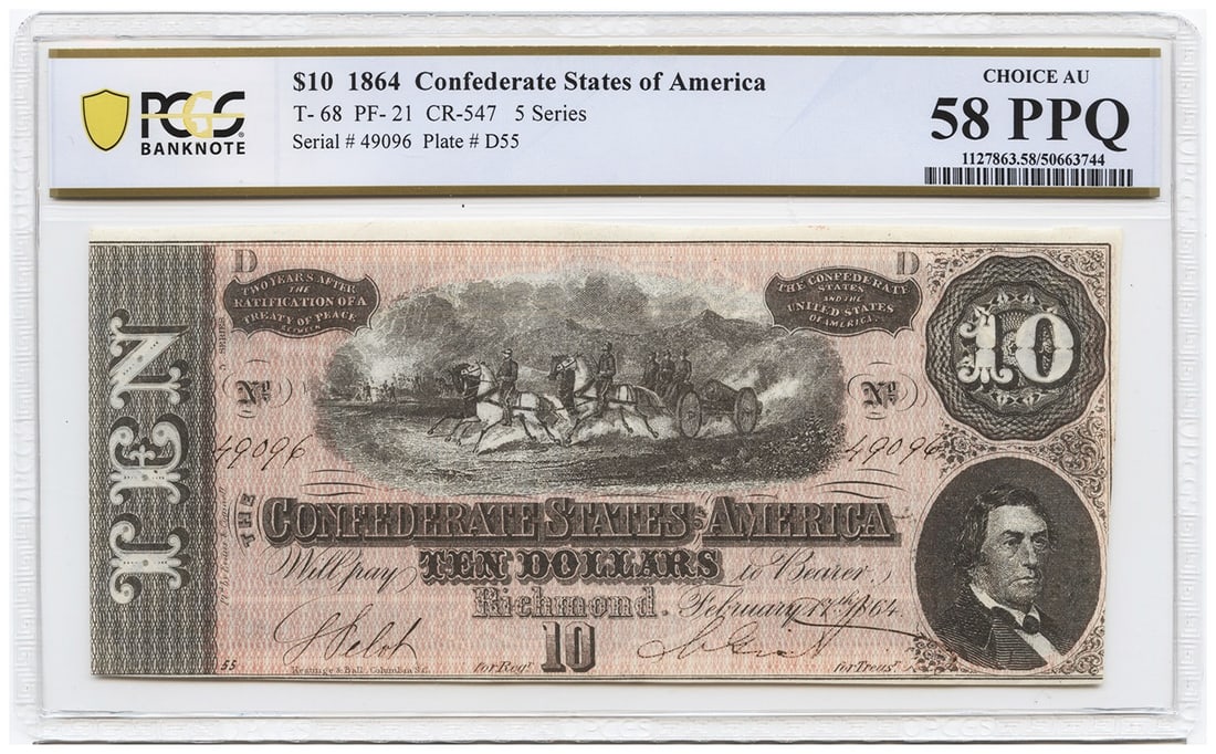 1864 $10 Confederate Note T-68 PCGS AU58 EPQ Popular Issue (1 of 2)