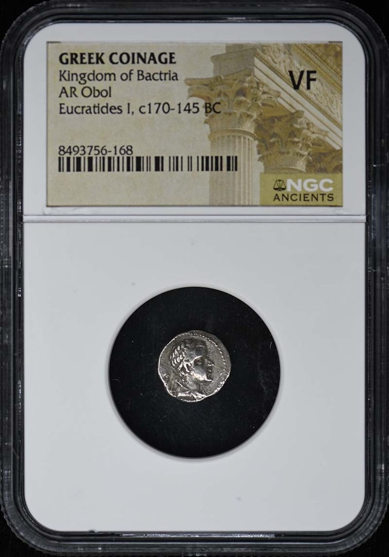 NGC VF AR Obol Kingdom of Bactria Greek Coinage: NGC VF AR Obol Kingdom of Bactria Greek Coinage This Kingdom of Bactria AR Obol is a Greek coinage piece certified by NGC and graded VF (Very Fine). The coin originates from Greece and is offered in p