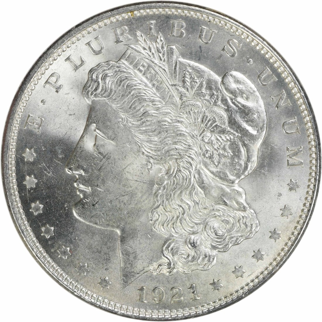 1921 Silver Morgan Dollar Uncirculated Choice BU Philadelphia No Mint Mark: 1921 Silver Morgan Dollar Uncirculated Choice BU Philadelphia No Mint Mark This is a 1921 Morgan Silver Dollar from the United States, featuring a Choice Brilliant Uncirculated (BU) grade. The coin is
