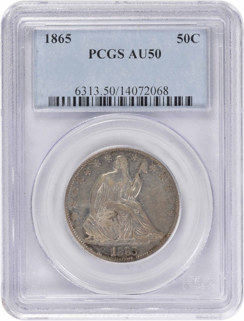 1865 Seated Liberty Half Dollar PCGS AU50 Certified Silver Coin: 1865 Seated Liberty Half Dollar PCGS AU50 Certified Silver Coin This is an 1865 Liberty Seated Half Dollar graded AU50 by PCGS. The coin was struck at the Philadelphia Mint and is composed of 90% silv