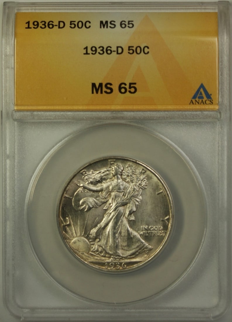 ANACS MS-65 1936-D Liberty Walking Silver Half Dollar Uncirculated Coin (1 of 2)