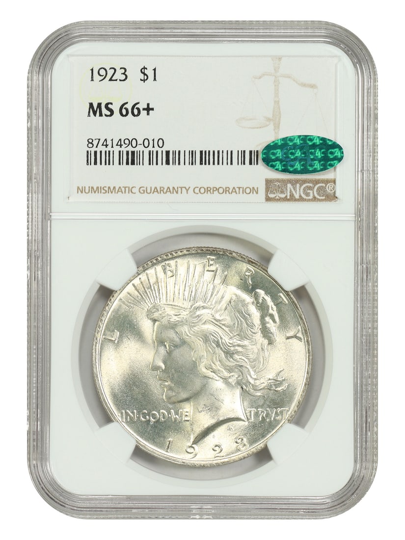NGC MS66+ CAC 1923 Peace Dollar $1: NGC MS66+ CAC 1923 Peace Dollar $1 1923 Peace Dollar $1 graded MS66+ by NGC with CAC approval. The coin was minted in Philadelphia and is uncirculated. Certification number 8741490010 is provided. Con