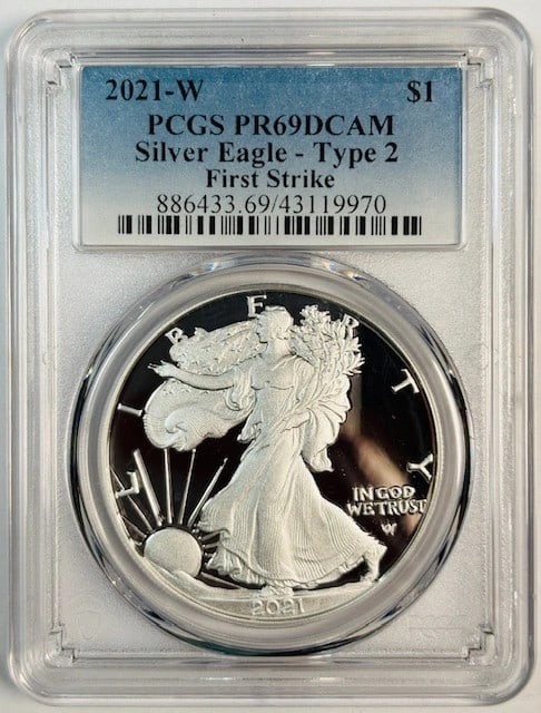 2021 West Point Silver Dollar PCGS PR69 Type 2 First Strike Proof: 2021 West Point Silver Dollar PCGS PR69 Type 2 First Strike Proof This 2021 W Silver Eagle is a proof coin graded PR-69 by PCGS, featuring the Type 2 design and First Strike designation. Struck at the