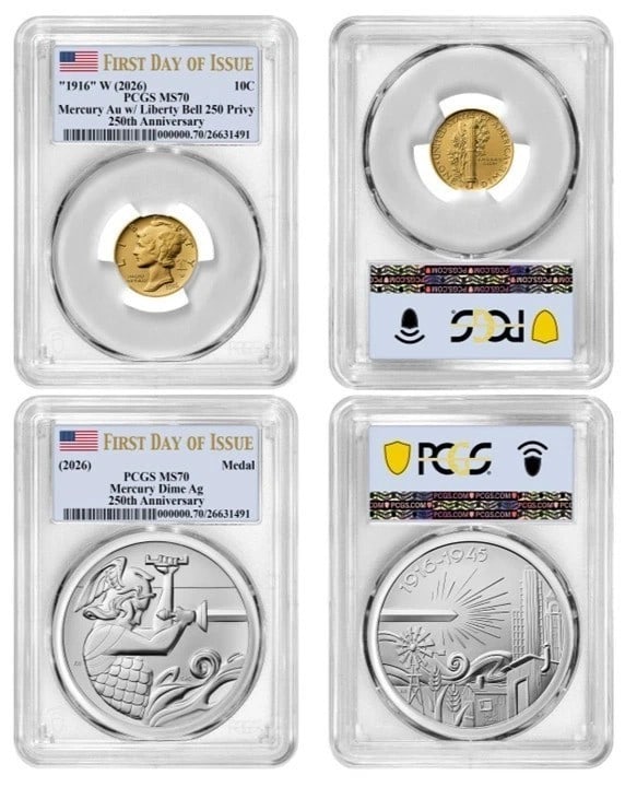 2026-W Mercury Dime Gold Coin and Silver Medal PCGS MS70 2 Coin Set (1 of 1)