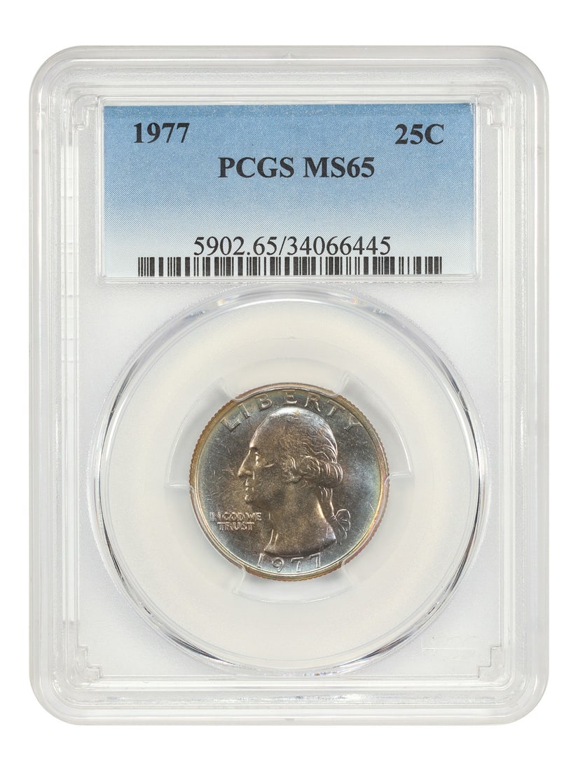 Washington Quarter 1977 25C PCGS MS65 Philadelphia: Washington Quarter 1977 25C PCGS MS65 Philadelphia A 1977 Washington Quarter graded MS65 by PCGS. This uncirculated 25C coin is from the Philadelphia mint and is listed as pre-owned. Specifications De