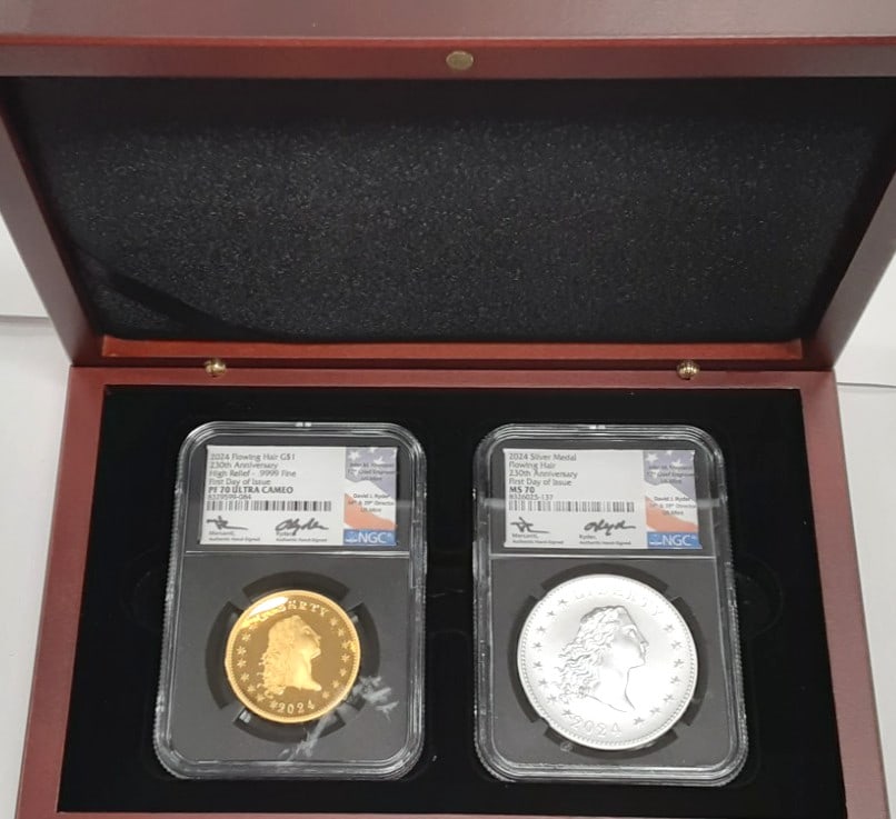 2024 Flowing Hair Gold Dollar and Silver Medal NGC 70 Set Signed COAs: 2024 Flowing Hair Gold Dollar and Silver Medal NGC 70 Set Signed COAs This 2024 U.S. Mint Flowing Hair set includes a 1 troy ounce proof gold dollar coin and a 1 troy ounce silver medal. Both pieces h