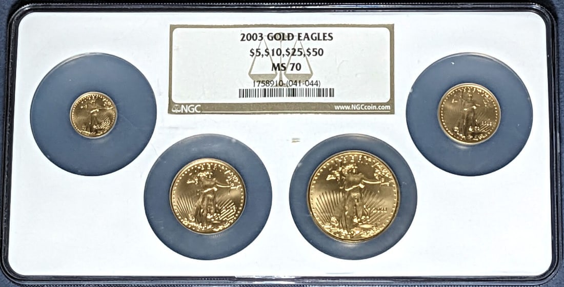 2003 American Gold Eagle Four Coin Set NGC MS70 Mint State Certified: 2003 American Gold Eagle Four Coin Set NGC MS70 Mint State Certified This is a 2003 Gold American Eagle 4 Coin Mint State Set, each coin certified by NGC with a perfect MS70 grade. The set features co