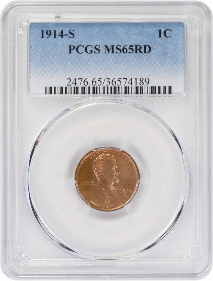 PCGS MS65RD 1914 S Lincoln Wheat Small Cent: PCGS MS65RD 1914 S Lincoln Wheat Small Cent 1914-S Lincoln Wheat Cent graded MS65RD by PCGS. This uncirculated copper coin is a United States small cent from 1914, with KM number 132 and pre-owned con
