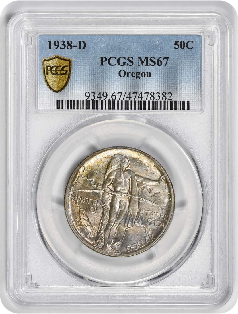 1938-D Oregon Commemorative Silver Half Dollar MS67 PCGS Uncirculated: 1938-D Oregon Commemorative Silver Half Dollar MS67 PCGS Uncirculated This 1938-D Oregon Commemorative Silver Half Dollar is a stunning piece, graded MS67 by PCGS, showcasing its uncirculated conditio