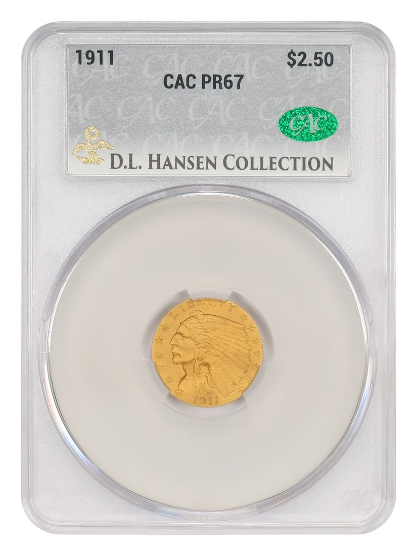 1911 Indian Quarter Eagle $2.50 PR67 CACG ex D.L. Hansen: 1911 Indian Quarter Eagle $2.50 PR67 CACG ex D.L. Hansen 1911 $2.50 Indian quarter eagle certified by CACG and graded PR67. Struck at the Philadelphia Mint, this uncirculated proof example is ex: D.L.