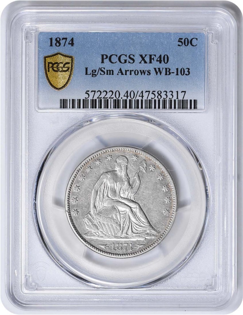 1874 Liberty Seated Silver Half Dollar EF40 PCGS Certified 50C: 1874 Liberty Seated Silver Half Dollar EF40 PCGS Certified 50C This 1874 Liberty Seated Silver Half Dollar features a large/small arrows design, certified by PCGS as EF40. Minted in Philadelphia, this