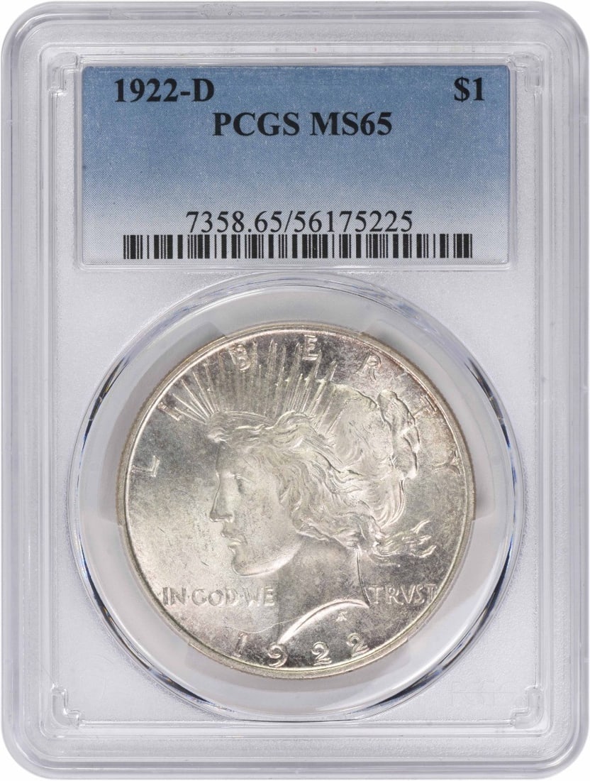 PCGS MS65 1922 Denver Mint Peace Dollar 90 Percent Silver: PCGS MS65 1922 Denver Mint Peace Dollar 90 Percent Silver This 1922-D Peace Silver Dollar is graded MS65 by PCGS and was minted in Denver. Struck from 90% silver and 10% copper, this uncirculated coin