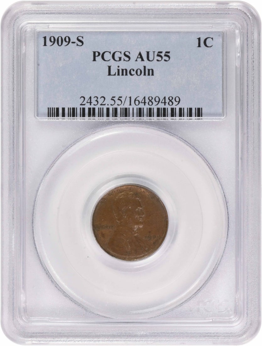 PCGS AU55 1909 S Lincoln Wheat Small Cent: PCGS AU55 1909 S Lincoln Wheat Small Cent 1909-S Lincoln Cent graded AU55 by PCGS. This circulated United States small cent is composed of copper and identified as a Lincoln Wheat coin. Pre-owned cond