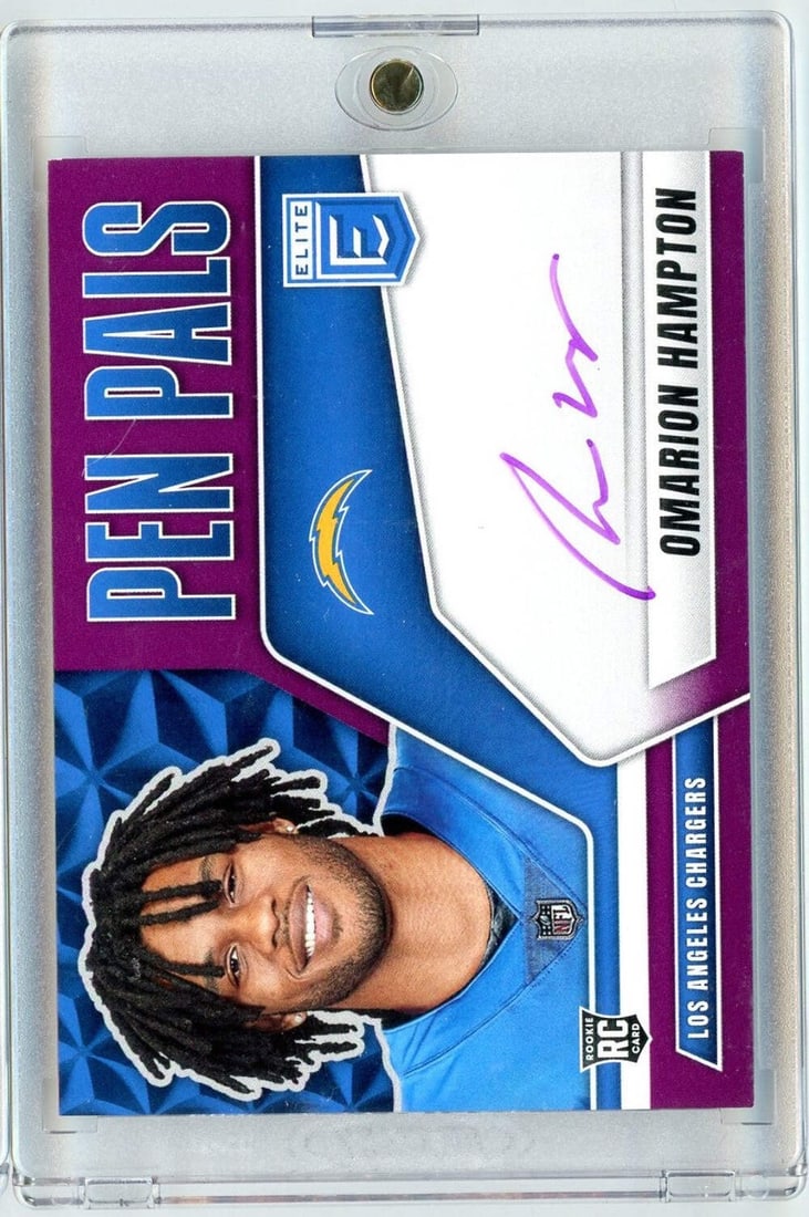 2025 Donruss Elite Omarion Hampton Purple Auto RC Chargers Graded Card: 2025 Donruss Elite Omarion Hampton Purple Auto RC Chargers Graded Card Celebrate your love for the NFL with this 2025 Donruss Elite Pen Pals Omarion Hampton Purple Autographed Rookie Card. This authen