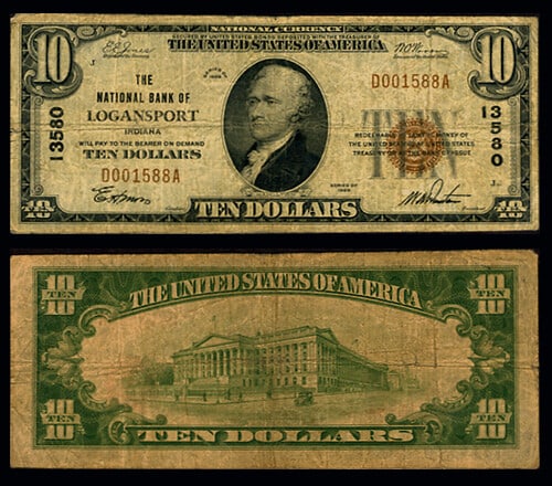 1929 T-1 Logansport Indiana $10 National Bank Note Charter 13580 (1 of 3)