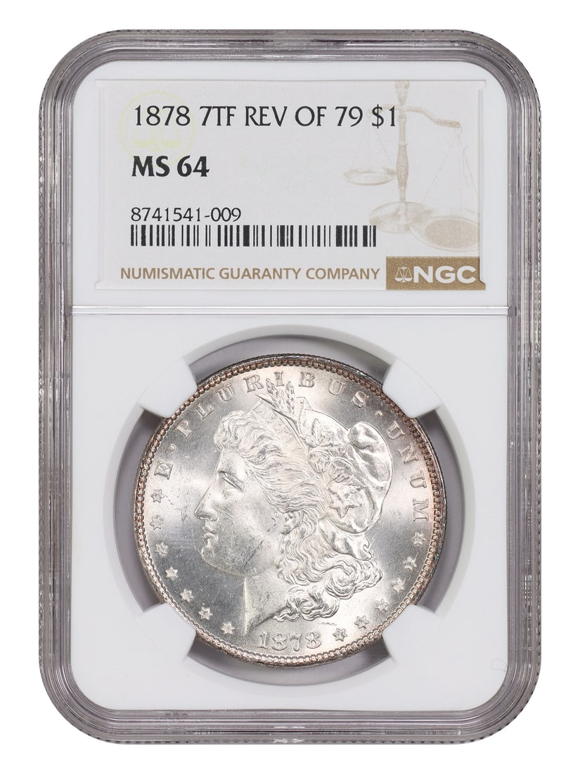 NGC MS64 1878 Morgan Dollar 7TF Reverse of 1879 $1: NGC MS64 1878 Morgan Dollar 7TF Reverse of 1879 $1 1878 Morgan Dollar $1, 7TF Reverse of 1879 variety, graded MS64 by NGC. Struck in Philadelphia, this uncirculated coin is identified as a better vari